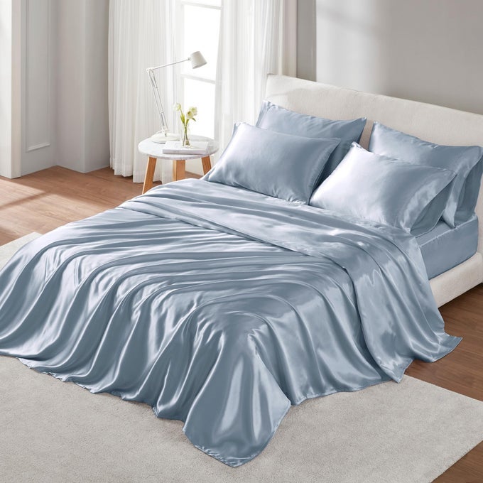 SATIN SHEETS QUEEN SIZE LUXURIOUS SILKY BED SHEETS ELASTIC 14 POCKET FITS UP TO 16 MATTRESS WRINKLEFREE SOFT SATIN BED SHEET SET BLUE 6 PIECE