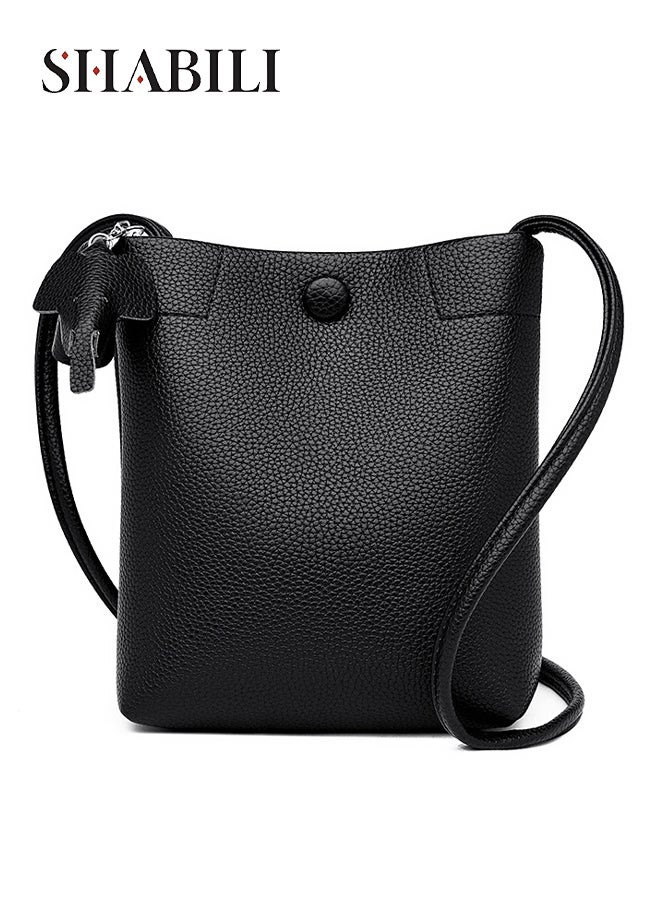 Women & Girls Shoulder Bag PU Large-Capacity Lightweight Crossbody Sling Tote Handbag, Ladies Textured Bucket-Style Cross Bags with Magnetic-Snap Closure for Daily Casual Party Travel Work (Black)