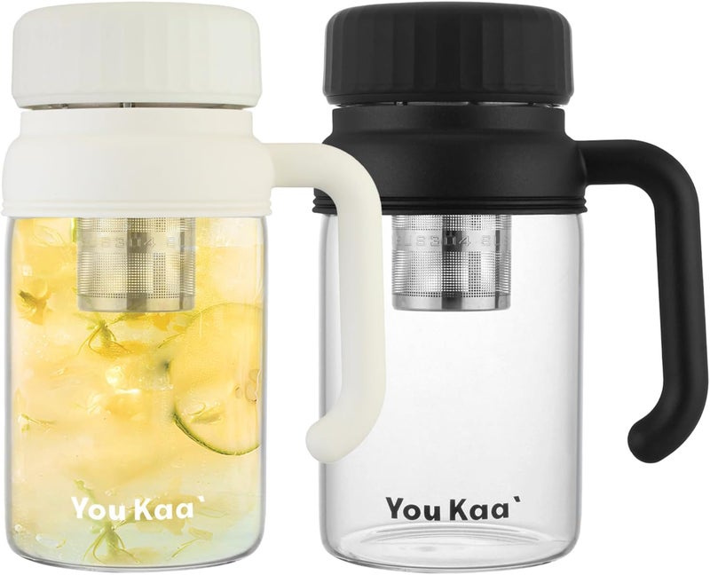 wangsdjy 32oz Glass Water Bottle, Tea Bottle with Infuser & Handle, BPA-Free Leakproof Wide Mouth Large Tea Infuser cup for Hot or Cold Drinks, Loose, Fruit (White+Black) - Image 1