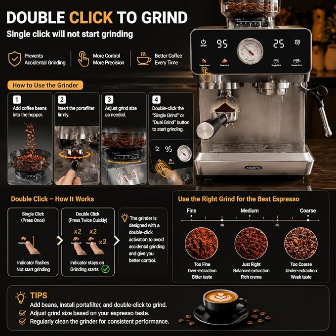 Espresso Machine with Grinder, 20-Bar Programmable Semi-Automatic Coffee Maker, Visual Pressure Gauge & Touchscreen, Compact Design with Tamper, Make Americano, Latte, Cold Brew, Silver - Image 3