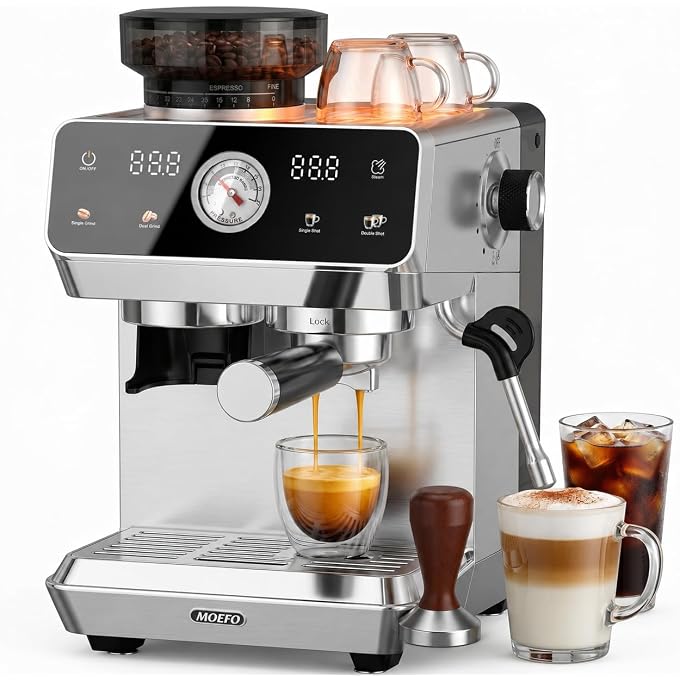 Espresso Machine with Grinder, 20-Bar Programmable Semi-Automatic Coffee Maker, Visual Pressure Gauge & Touchscreen, Compact Design with Tamper, Make Americano, Latte, Cold Brew, Silver - Image 1