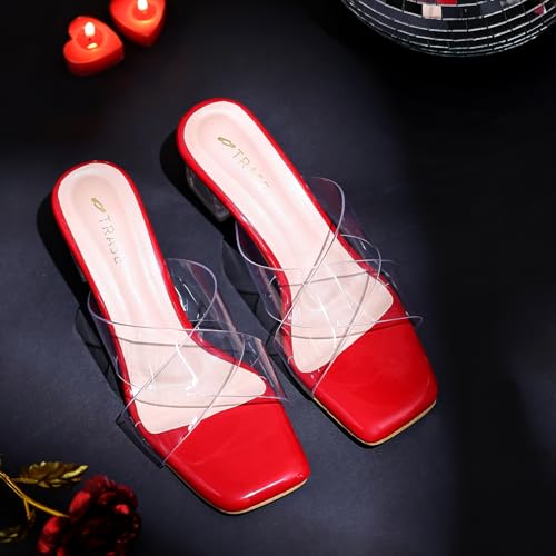TRASE Transparent Cross Strap Block Heels for Women Stylish | Fashionable Heel Sandals for Girls | Elegant & Formal Footwear (Red, 4 UK) - Image 4