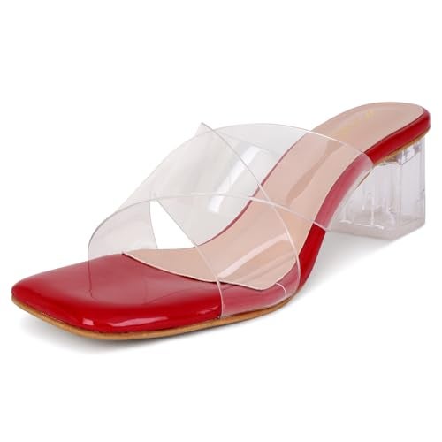 TRASE Transparent Cross Strap Block Heels for Women Stylish | Fashionable Heel Sandals for Girls | Elegant & Formal Footwear (Red, 4 UK) - Image 1