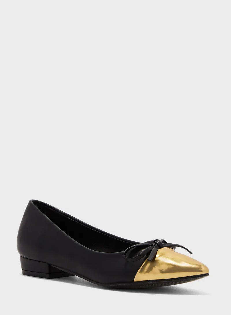 Ginger Bow Detail Metallic Toecap Flat Shoe Black