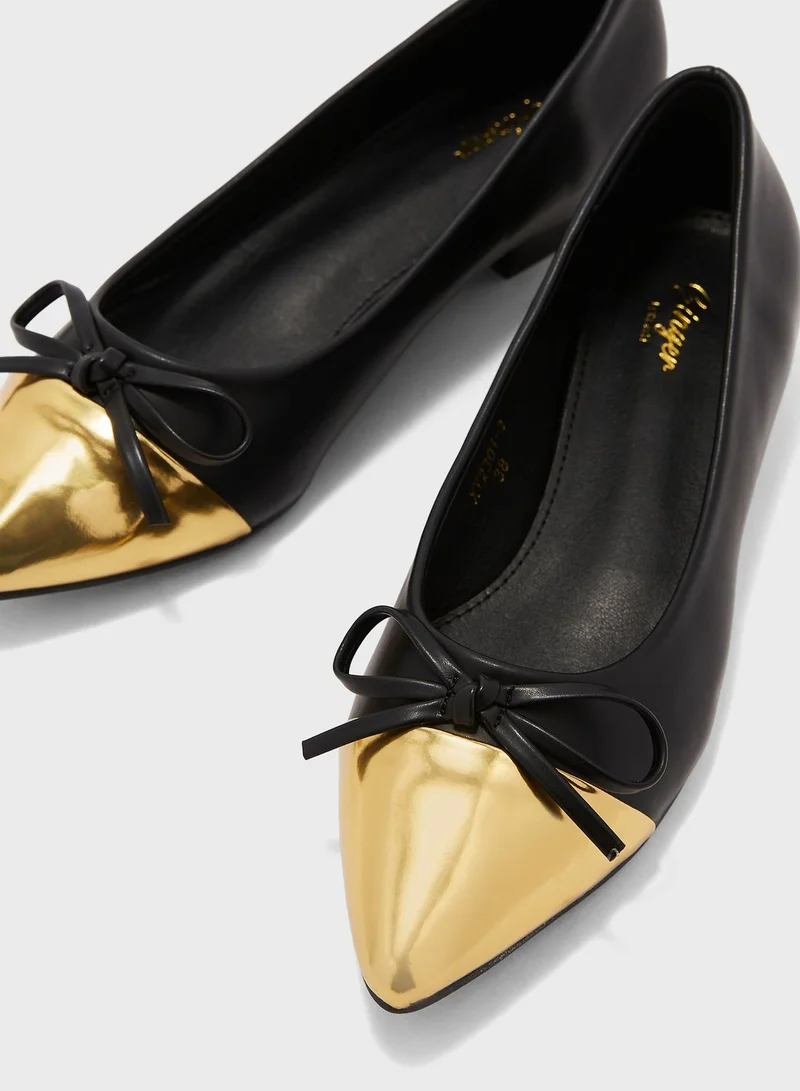 Ginger Bow Detail Metallic Toecap Flat Shoe Black