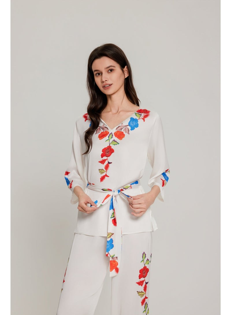 MASHUCK Elegant 3/4 Sleeve V-Neck Pajama Set - Fresh Floral Print Sleepwear - Luxury 2-Piece Lounge Suit for Women - Image 5