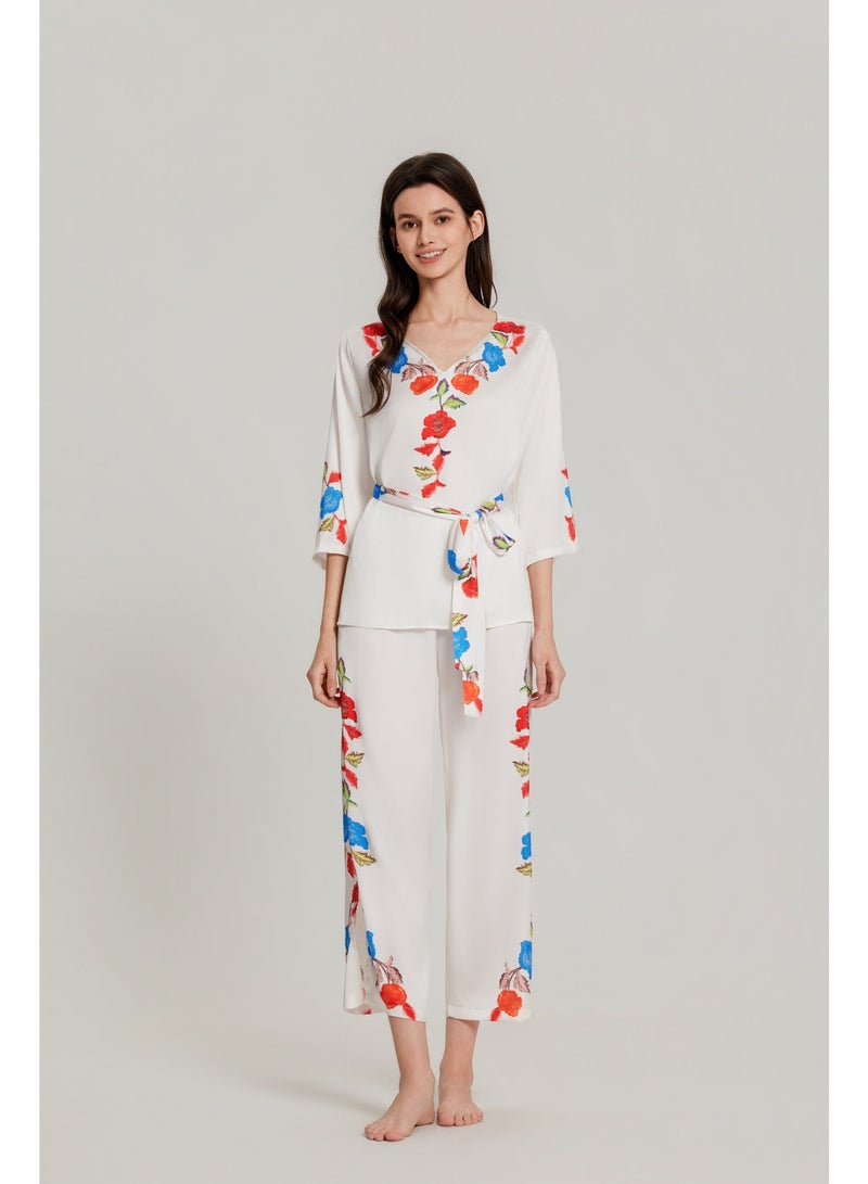 MASHUCK Elegant 3/4 Sleeve V-Neck Pajama Set - Fresh Floral Print Sleepwear - Luxury 2-Piece Lounge Suit for Women - Image 4