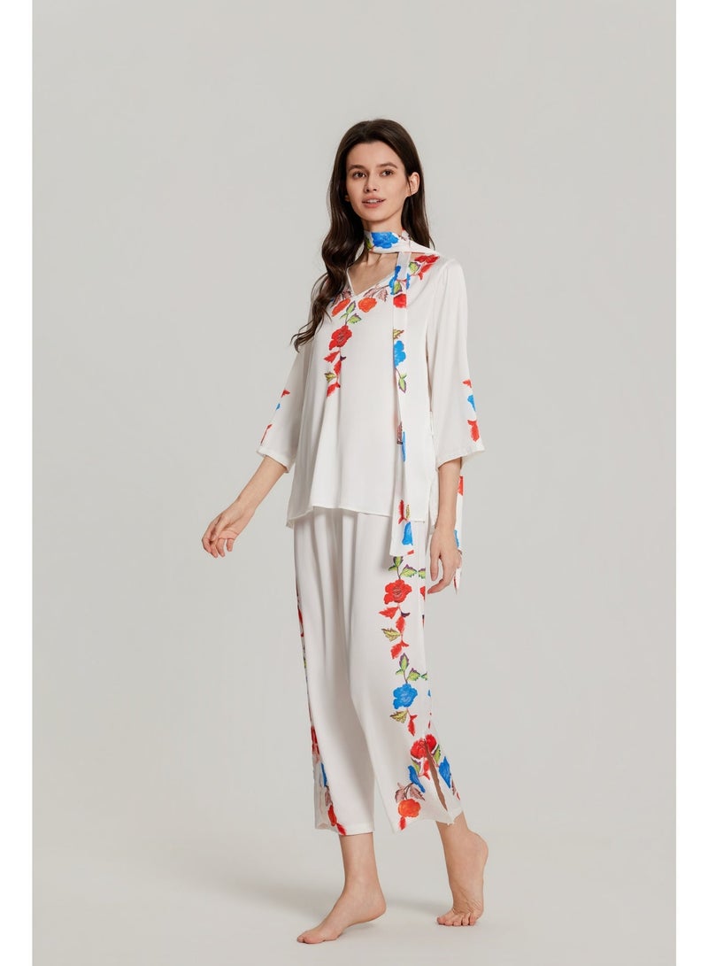 MASHUCK Elegant 3/4 Sleeve V-Neck Pajama Set - Fresh Floral Print Sleepwear - Luxury 2-Piece Lounge Suit for Women - Image 1