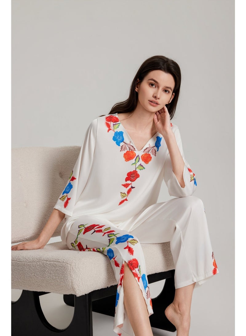 MASHUCK Elegant 3/4 Sleeve V-Neck Pajama Set - Fresh Floral Print Sleepwear - Luxury 2-Piece Lounge Suit for Women - Image 3