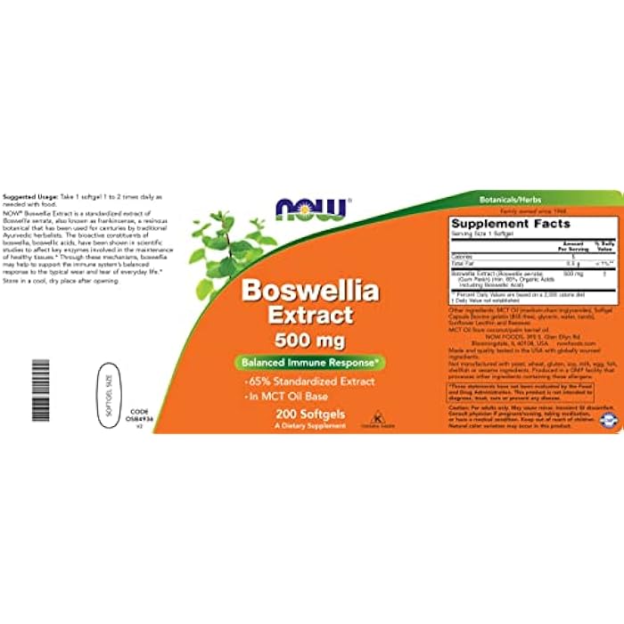 Now Boswellia Serrata Extract 500 mg, 200 Softgels - Gum Resin in MCT Oil Base - Herbal Supplement - Image 4