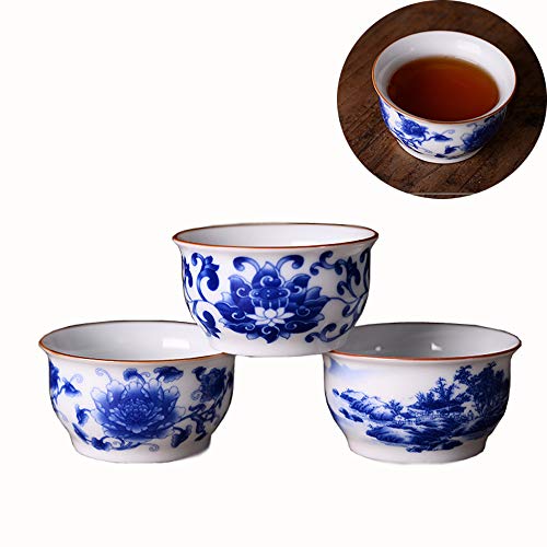 Woonsoon Chinese Handmade Kungfu Tea Cup 60 ml,Bone China Blue and White Tea Cups Set of 3,Ceramic Tea Mugs Without Handles,Best Gift - Image 1