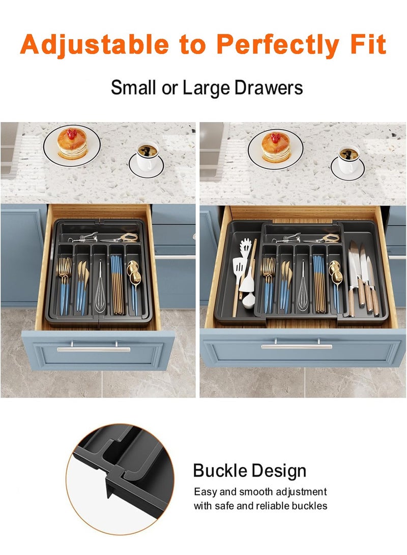 Arabest Cutlery Drawer Organiser, Large Expandable to 57cm Utensil Tray for Kitchen, Adjustable Silverware and Flatware Holder, Compact Plastic Storage for Spoons Forks Knives, Black - Image 2