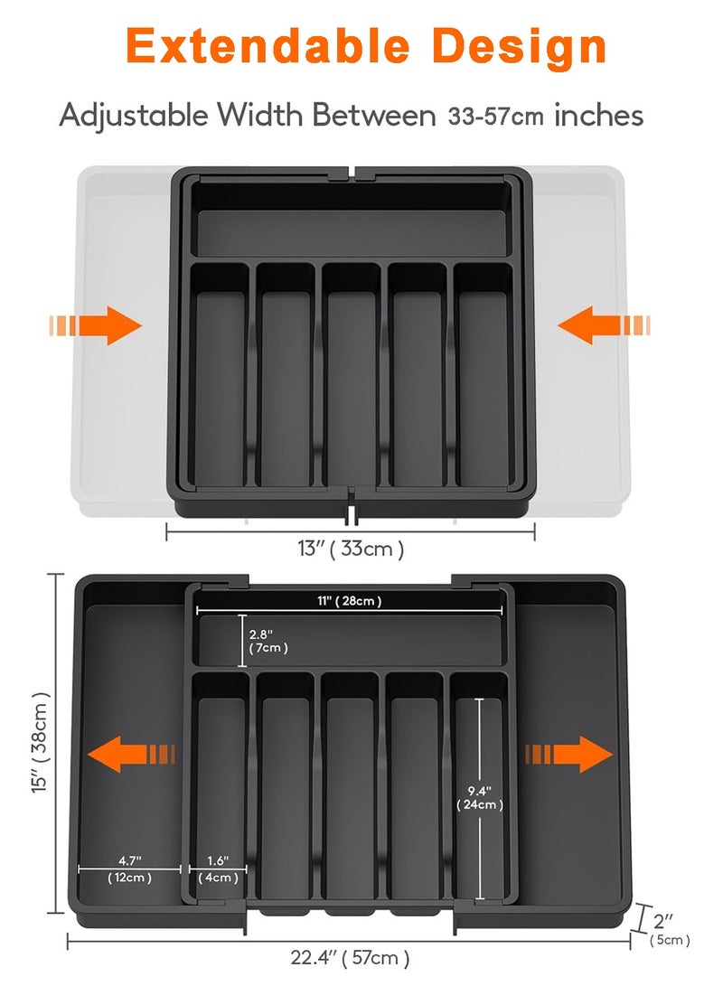 Arabest Cutlery Drawer Organiser, Large Expandable to 57cm Utensil Tray for Kitchen, Adjustable Silverware and Flatware Holder, Compact Plastic Storage for Spoons Forks Knives, Black - Image 3