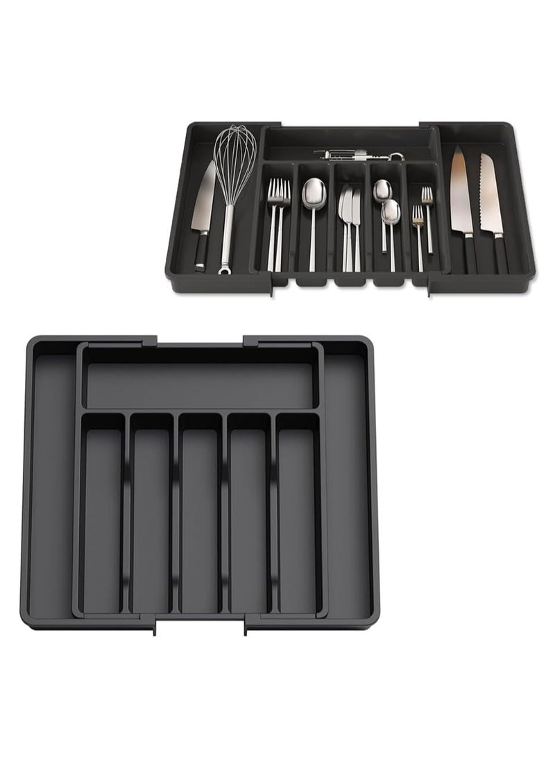 Arabest Cutlery Drawer Organiser, Large Expandable to 57cm Utensil Tray for Kitchen, Adjustable Silverware and Flatware Holder, Compact Plastic Storage for Spoons Forks Knives, Black - Image 1