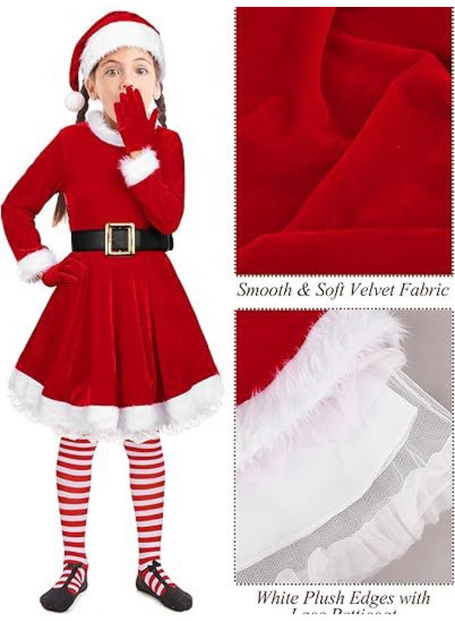 Ciao Children’s Christmas Santa Dress Costume – Red Velvet Long-Sleeve Dress with Fur Trim, Hat, Gloves, Belt & Striped Stockings (Size 120 cm, 6–7 Years) - Image 5