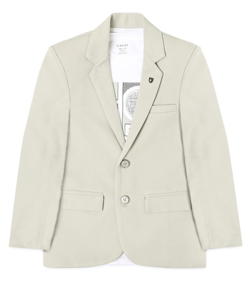 CAVIO Boys Cream Regular Fit Solid Cotton Blazer and T-Shirt, Single Breasted - Image 1
