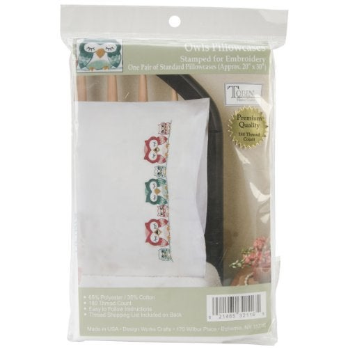 Tobin Stamped Pillowcase Pair For Embroidery 20"X30", Owls,White - Image 1
