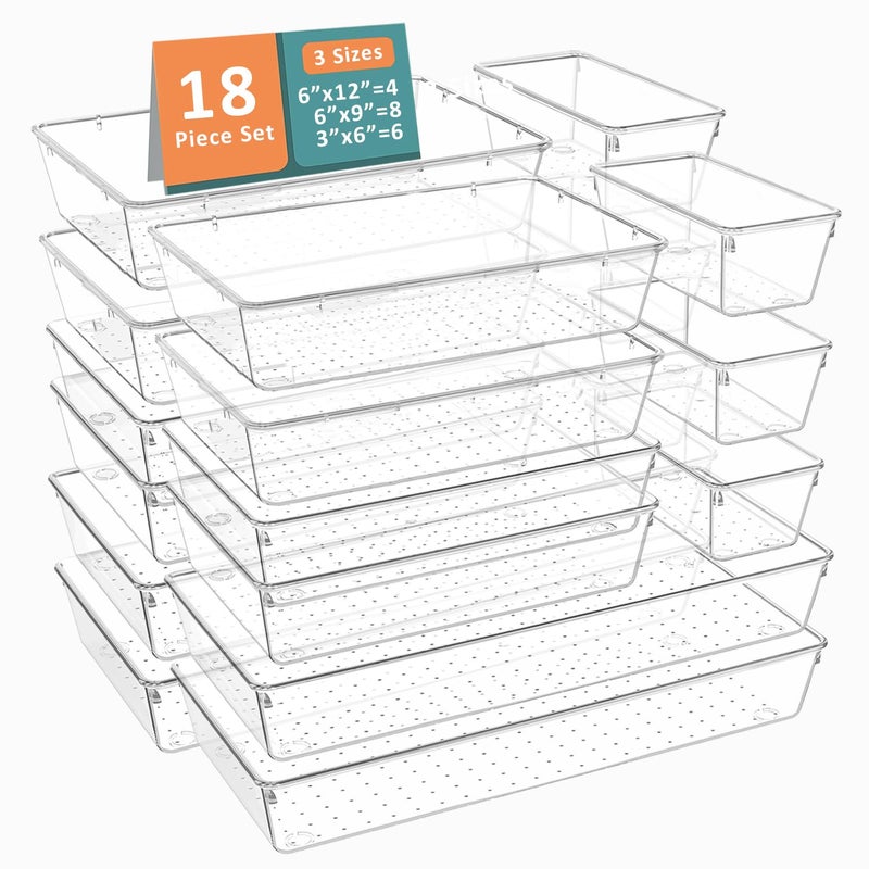 Kuber Industries 18 Set Multi-Purpose Transparent Drawer Organizers | Plastic Trays for Storage Kitchen & Aesthetic Dressing Table Organisers for Cosmetics, Makeup & Stationery | Transparent - Image 1