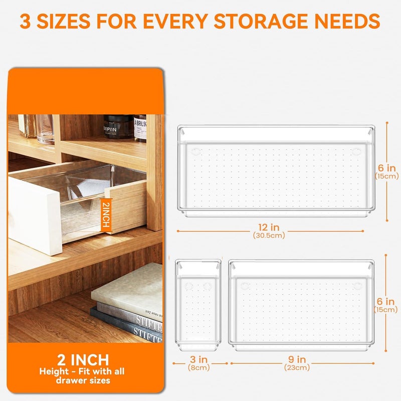 Kuber Industries 18 Set Multi-Purpose Transparent Drawer Organizers | Plastic Trays for Storage Kitchen & Aesthetic Dressing Table Organisers for Cosmetics, Makeup & Stationery | Transparent - Image 3
