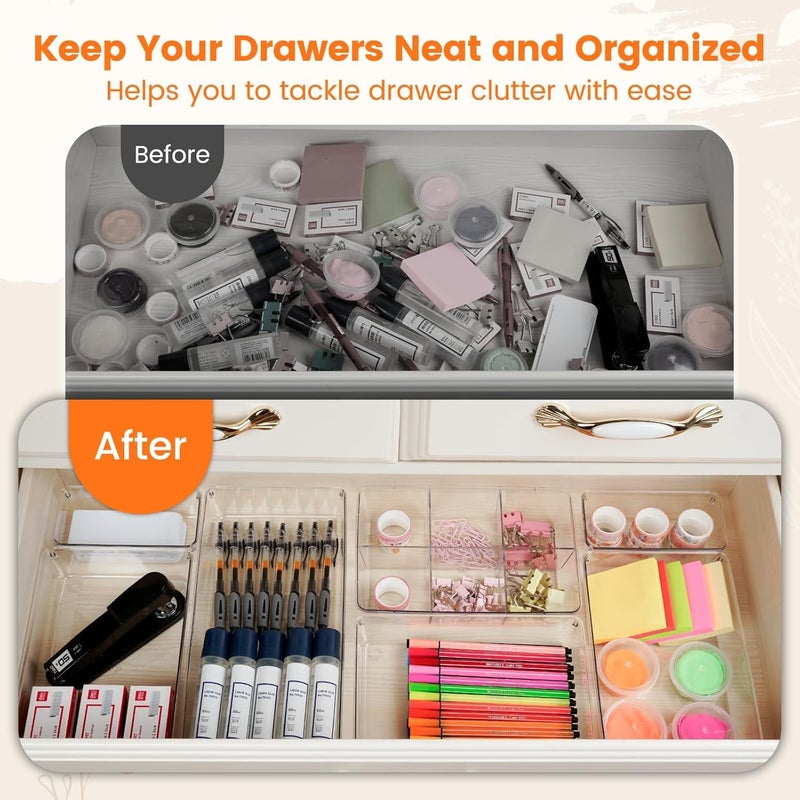 Kuber Industries 18 Set Multi-Purpose Transparent Drawer Organizers | Plastic Trays for Storage Kitchen & Aesthetic Dressing Table Organisers for Cosmetics, Makeup & Stationery | Transparent - Image 5