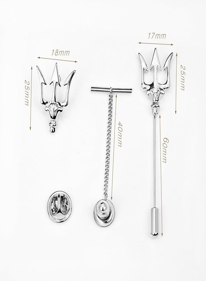 VVCome Mens Tie Tack Clutch with Chain Crown Tree of Life Trident Lapel Pins Stick Pin Brooch Wedding Business Gift (Silver Trident) - Image 2