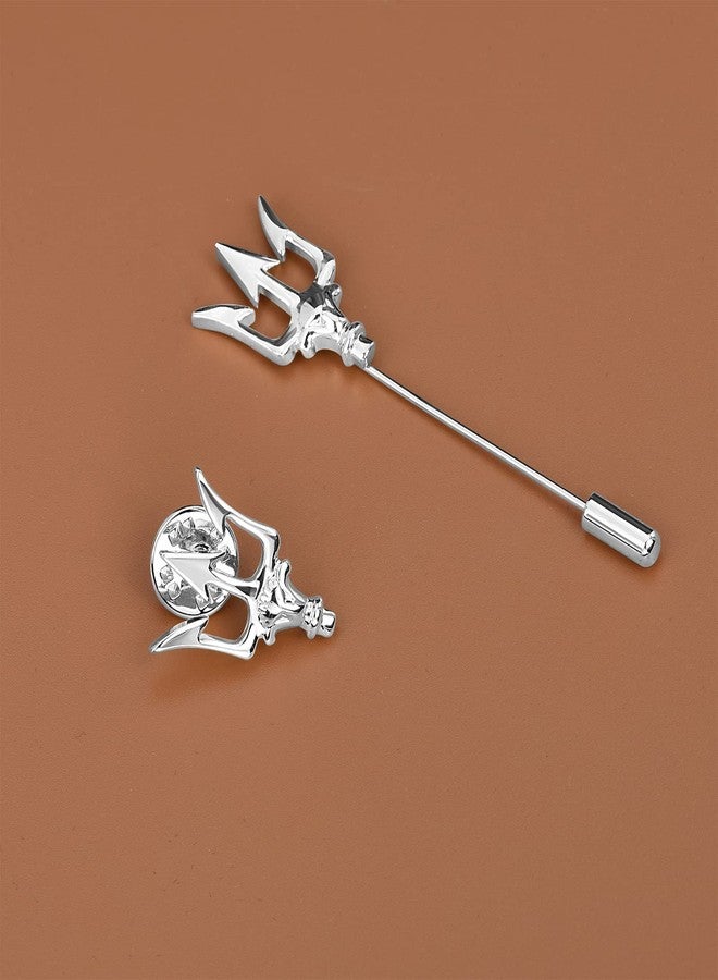 VVCome Mens Tie Tack Clutch with Chain Crown Tree of Life Trident Lapel Pins Stick Pin Brooch Wedding Business Gift (Silver Trident) - Image 5