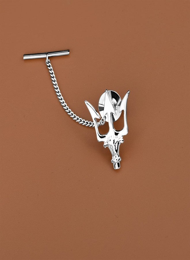 VVCome Mens Tie Tack Clutch with Chain Crown Tree of Life Trident Lapel Pins Stick Pin Brooch Wedding Business Gift (Silver Trident) - Image 3