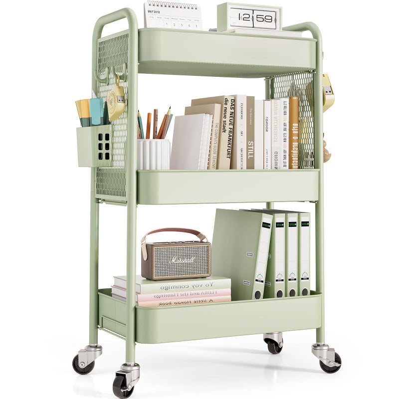 TOOLF 3 Tier Rolling Cart Storage Organizer Metal Rolling Utility Cart with Wheels Hooks Bins Esthetician Craft Art Sturdy Storage with Pegboard for Bathroom Kitchen Office Nursery Diaper