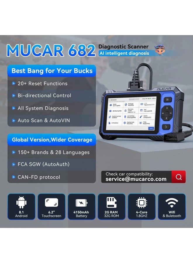Mucar OBD2 Scanner, MUCAR 682 AI-Assisted Car Diagnostic Tool, Automotive Bidirectional Scan Tool, Full Systems Car Diagnostic Scanner, Scanner for Car with 20+ Reset, CAN FD & FCA SGW, Lifetime Update - Image 3