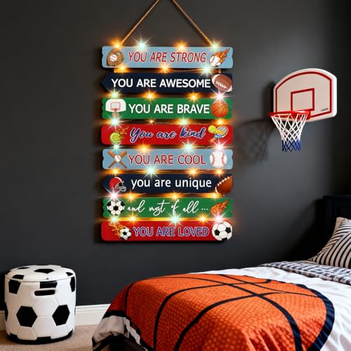 Cpcdaosk Cool Classic Sport Balls Sign Nursery Wall Decor Set of 8 With LED Lights, 16x5 Modern Motivational Cute Ball Plaque Wall Art for Baby Boy Kid Teen Toddlers, 4 PCS Wooden Quote Gift for Gameroom Gym - Image 1