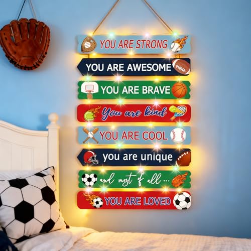 Cpcdaosk Cool Classic Sport Balls Sign Nursery Wall Decor Set of 8 With LED Lights, 16x5 Modern Motivational Cute Ball Plaque Wall Art for Baby Boy Kid Teen Toddlers, 4 PCS Wooden Quote Gift for Gameroom Gym - Image 3