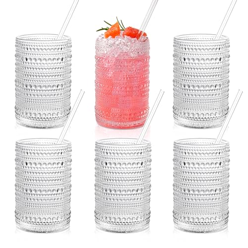 KMIGRUAN Hobnail Drinking Glasses with Straws 15oz Vintage Glassware Set of 6 Embossed Vintage Water Cups, Highball Glasses for Cocktail,Whiskey,Beer and Juic - Image 1