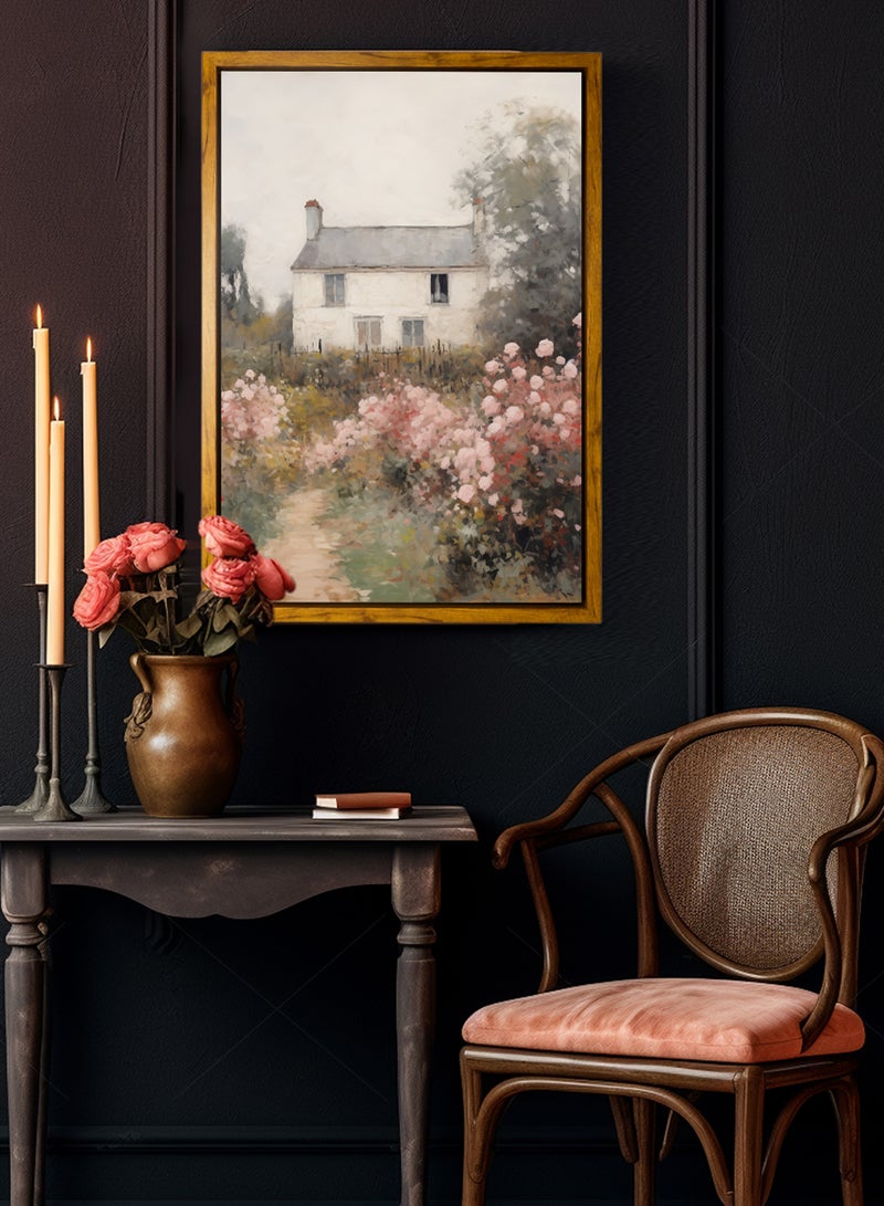 لوحة كانفاس على إطار خشبي بإطار خارجي باللون الخشبي وتصميم بيت كلاسيكي محاط بالزهور - Image 1