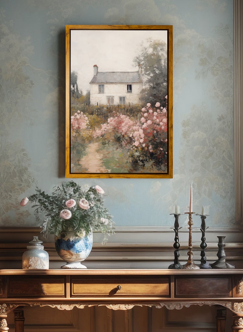 لوحة كانفاس على إطار خشبي بإطار خارجي باللون الخشبي وتصميم بيت كلاسيكي محاط بالزهور - Image 3