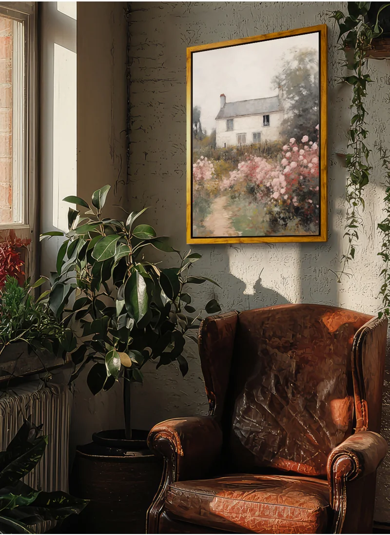 LOWHA Canvas Wall Art Stretched Over Wooden Frame with Wooden Color Floating Frame and Vintage Style House Surrounded by Flowers Painting