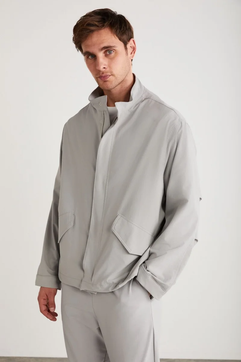 GRIMELANGE Roger Men's Stretch Technical Fabric Thick Zippered Lined Sleeve Cuffed Flap Pocket Gray Jacket