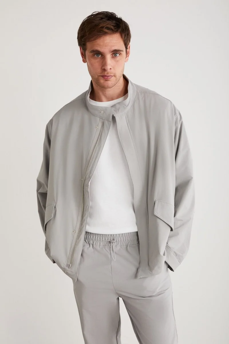 GRIMELANGE Roger Men's Stretch Technical Fabric Thick Zippered Lined Sleeve Cuffed Flap Pocket Gray Jacket