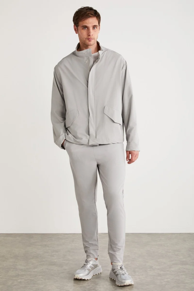 GRIMELANGE Roger Men's Stretch Technical Fabric Thick Zippered Lined Sleeve Cuffed Flap Pocket Gray Jacket