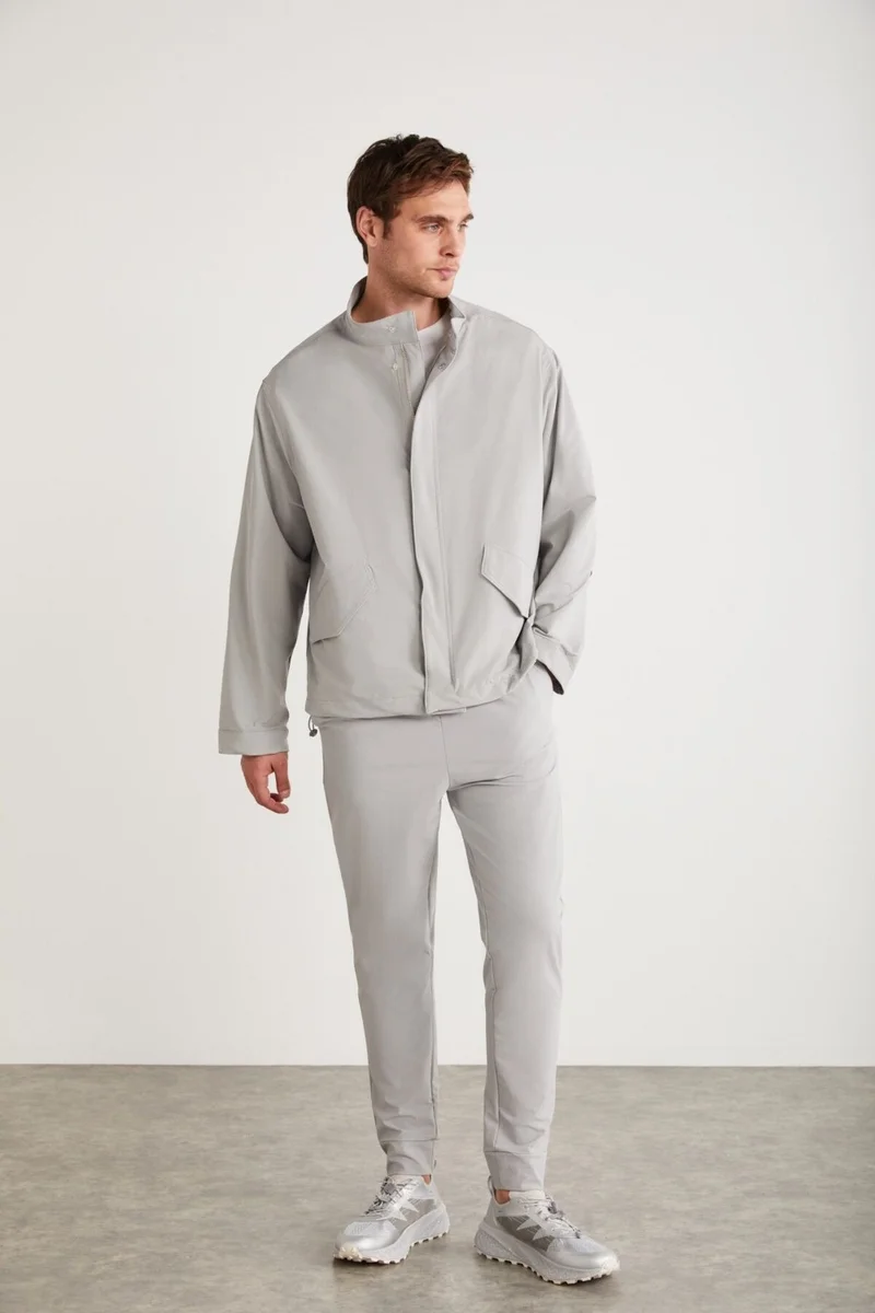 GRIMELANGE Roger Men's Stretch Technical Fabric Thick Zippered Lined Sleeve Cuffed Flap Pocket Gray Jacket