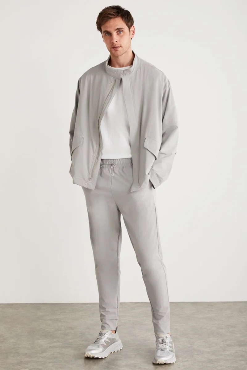 GRIMELANGE Roger Men's Stretch Technical Fabric Thick Zippered Lined Sleeve Cuffed Flap Pocket Gray Jacket