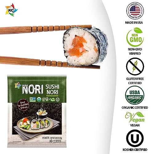 KIMNORI Sushi Nori Seaweed Sheets – 10 Full Size USDA Organic, Yaki Roasted Rolls, Wraps, Snack, 100% Natural Laver, Gluten Free, No MSG, Non GMO, Vegan, Kosher, 25 Gram 0.88 Ounce - Image 4