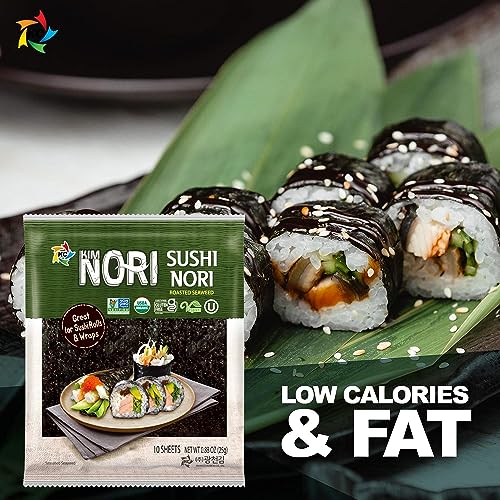 KIMNORI Sushi Nori Seaweed Sheets – 10 Full Size USDA Organic, Yaki Roasted Rolls, Wraps, Snack, 100% Natural Laver, Gluten Free, No MSG, Non GMO, Vegan, Kosher, 25 Gram 0.88 Ounce - Image 5