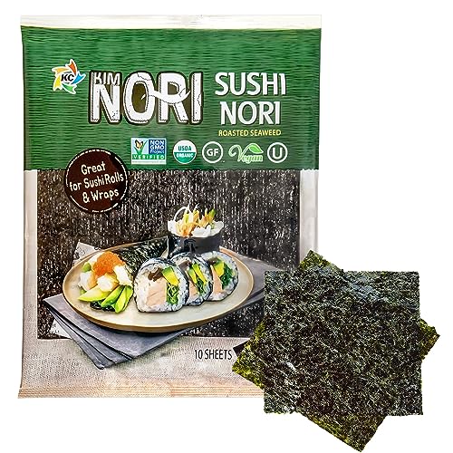KIMNORI Sushi Nori Seaweed Sheets – 10 Full Size USDA Organic, Yaki Roasted Rolls, Wraps, Snack, 100% Natural Laver, Gluten Free, No MSG, Non GMO, Vegan, Kosher, 25 Gram 0.88 Ounce - Image 2