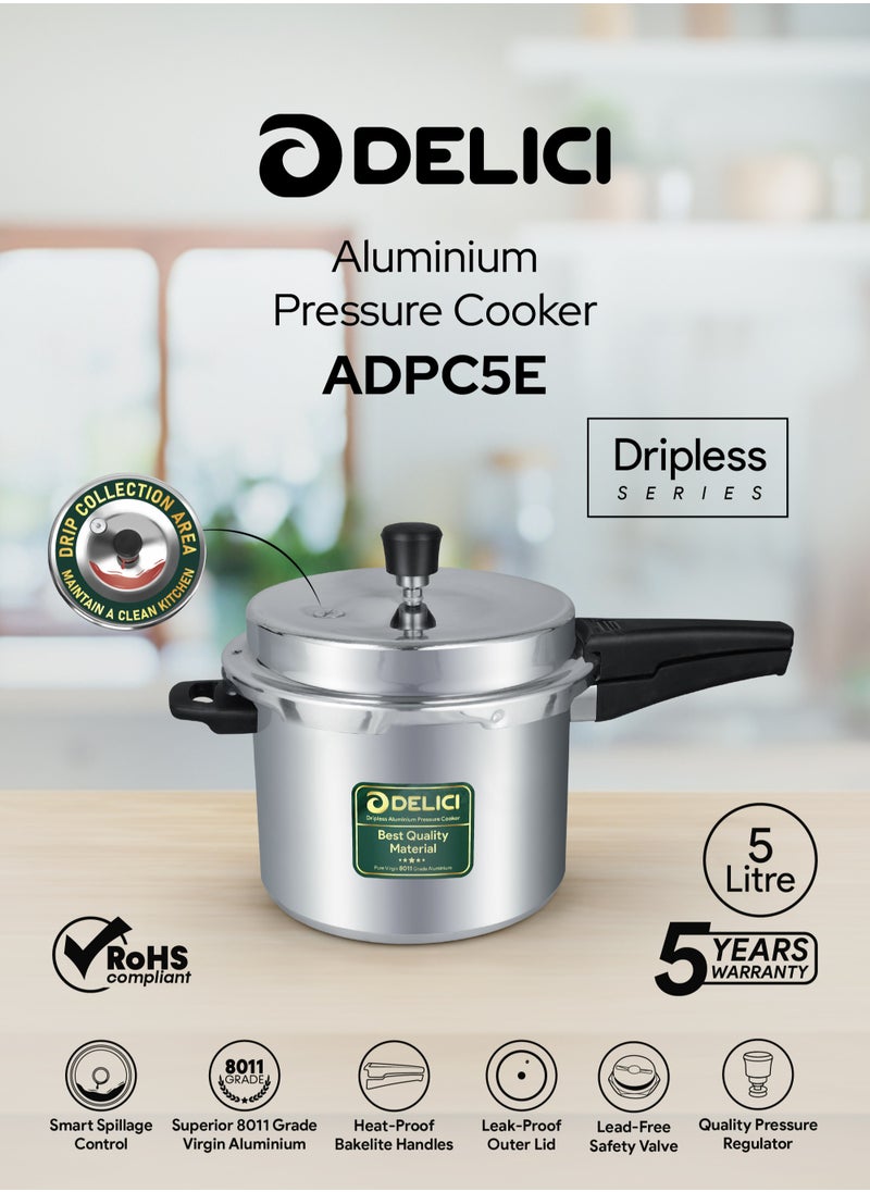 DELICI 5 Liter Dripless Aluminium Pressure Cooker, Fast, Efficient, and Safe Cooking with Durable Body, Safe Gasket Release Vent System, Multiple Cooktop Compatible - 5 Years Warranty  - Image 1