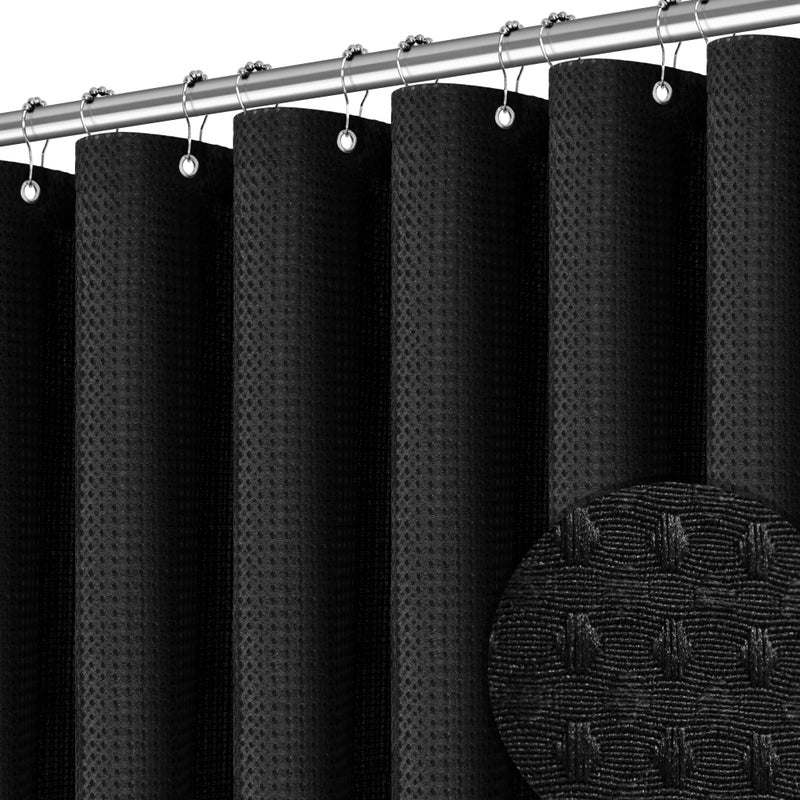 PANGSINNE Black Shower Curtain 256GSM Heavy Duty Waffle Woven Bathroom Shower Curtains  Weighted Fabric Shower Curtains for Hotel Spa Luxury Polyester Bath Curtain with 12 Hooks  72Wx72H - Image 1