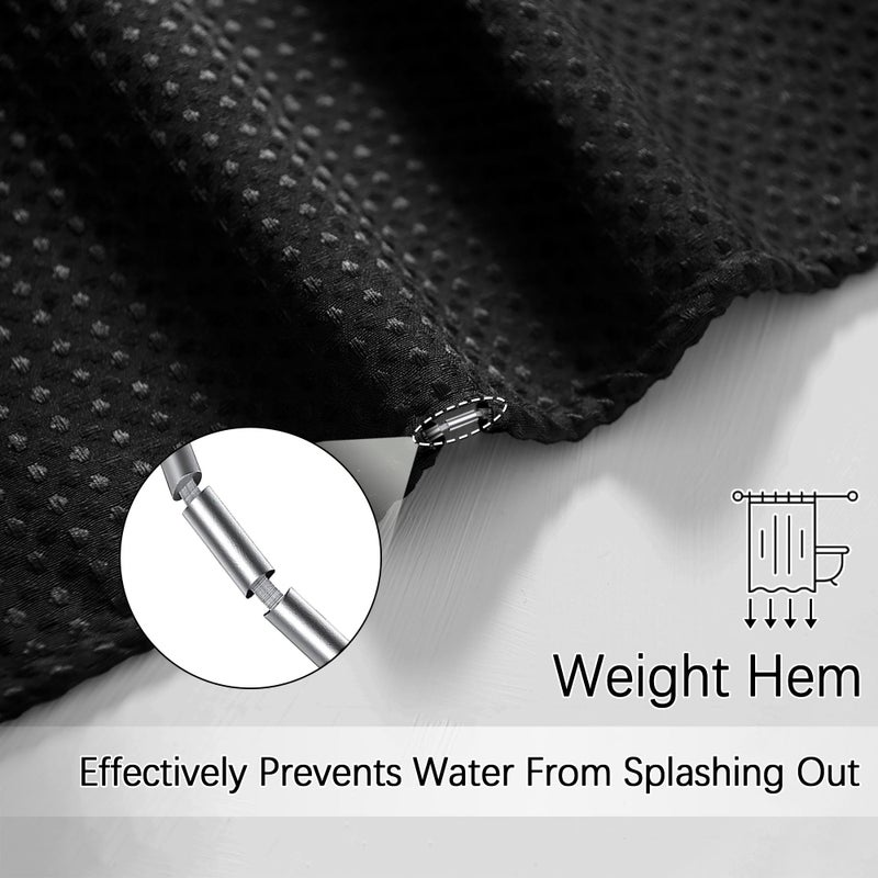 PANGSINNE Black Shower Curtain 256GSM Heavy Duty Waffle Woven Bathroom Shower Curtains  Weighted Fabric Shower Curtains for Hotel Spa Luxury Polyester Bath Curtain with 12 Hooks  72Wx72H - Image 5
