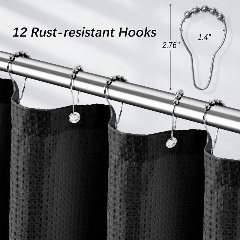 PANGSINNE Black Shower Curtain 256GSM Heavy Duty Waffle Woven Bathroom Shower Curtains  Weighted Fabric Shower Curtains for Hotel Spa Luxury Polyester Bath Curtain with 12 Hooks  72Wx72H - Image 4