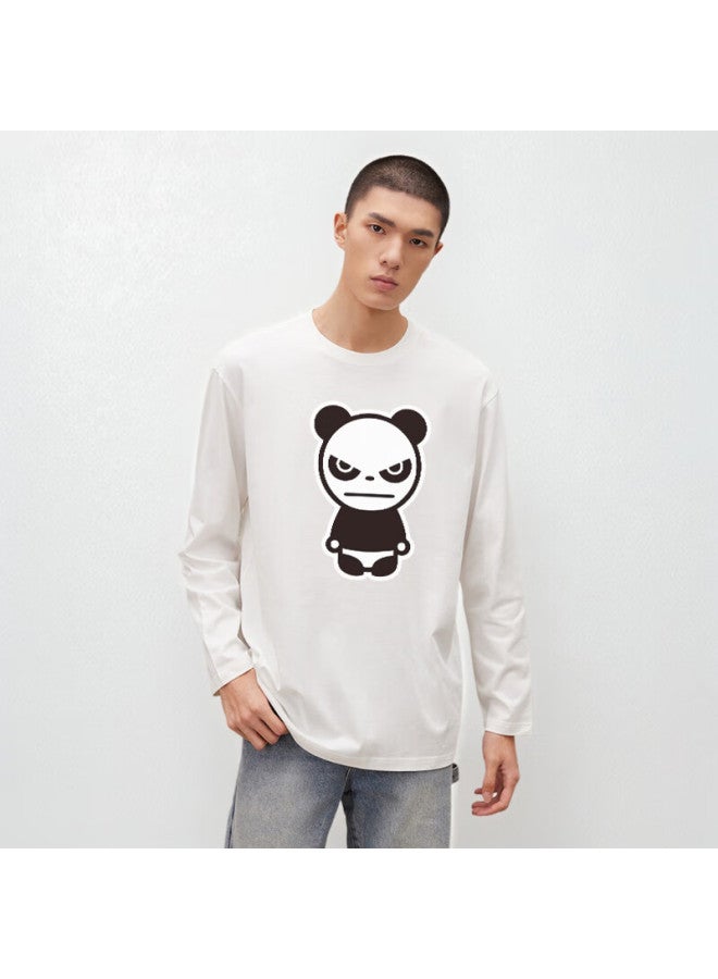 Hipanda Men's Long Sleeve T-shirt, Spring And Summer Heavy Pure Cotton Comfortable Trendy Printed Loose Casual Undershirt, White, Xl