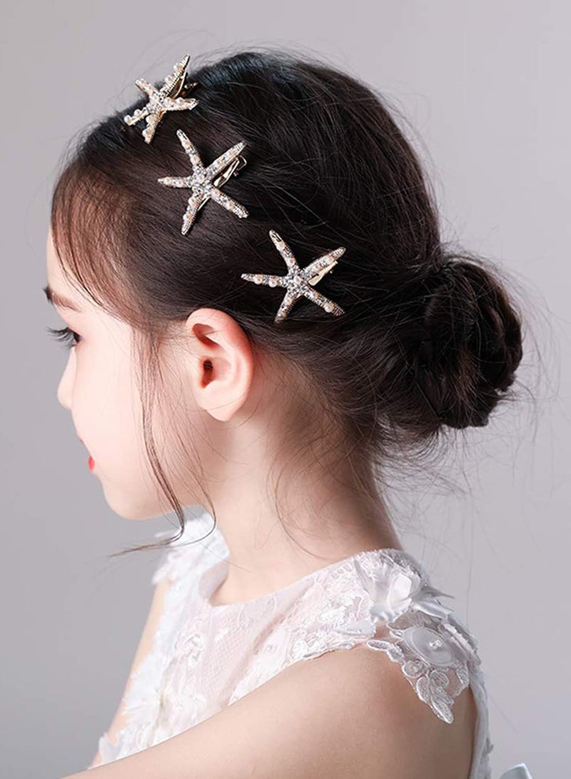 Starfish Hair Clip Bridal Flower Girl Accessories for Wedding, Faux Pearl Crystal Rhinestone Jewelry Pin Ceremony Party Wedding 3 Pcs - Image 2
