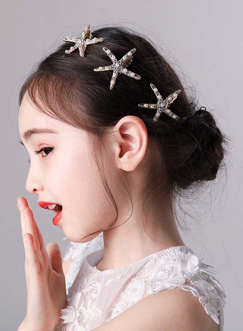 Starfish Hair Clip Bridal Flower Girl Accessories for Wedding, Faux Pearl Crystal Rhinestone Jewelry Pin Ceremony Party Wedding 3 Pcs - Image 1